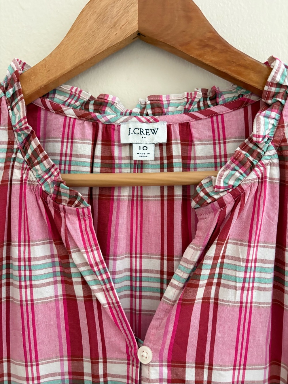 J. Crew Pink Plaid Ruffle Collar Button-Front Top